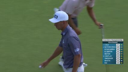 Sam Stevens sinks 16-foot putt for birdie on No. 17 at Travelers