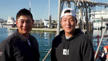 Jon Pak and Carl Yuan test out lobster fishing in Maine