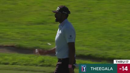 Sahith Theegala sinks 20-foot birdie putt on No. 17 at Farmers
