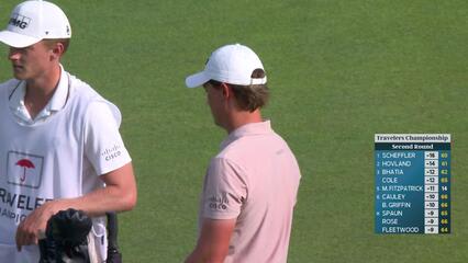 Maverick McNealy gets up-and-down from 168 yards for birdie on No. 17 at Travelers