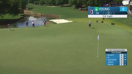 Cameron Young drains 4-foot putt for birdie on No. 7 at Truist Championship