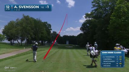 Adam Svensson holes out for birdie from 38-feet on No. 12 at John Deere