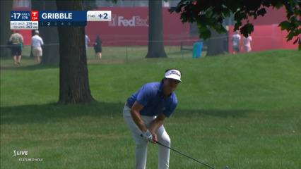 Cody Gribble reaches the green in two from the fairway rough at Rocket Mortgage