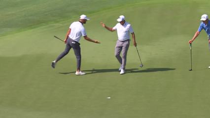 Team Bezuidenhout/van Rooyen sinks a 31-foot birdie putt on No. 16 at Zurich Classic