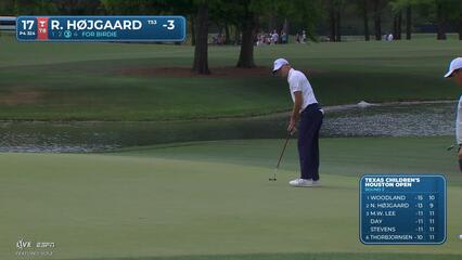 Rasmus Højgaard sinks 23-foot birdie putt on No. 17 at Texas Children's