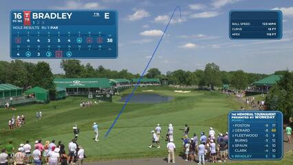 Keegan Bradley holes 35-foot approach for birdie on No. 16 at the Memorial