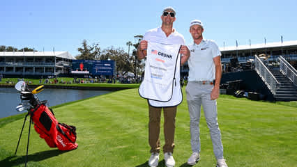 Rob Gronkowski caddies for Will Zalatoris at THE PLAYERS