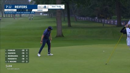 Kyle Reifers walks in his birdie putt at Rocket Mortgage