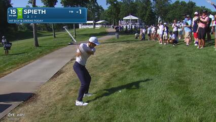 Jordan Spieth gets up-and-down from 185 yards for birdie on No. 15 at John Deere