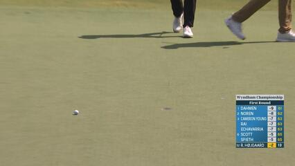 Rasmus Højgaard sinks a 32-foot birdie putt on No. 14 at Wyndham