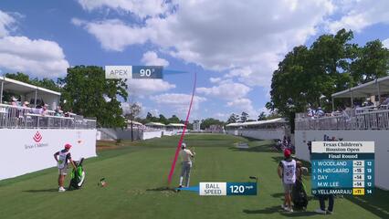 Sudarshan Yellamaraju hits 148-yard tee shot to 5 feet for birdie on No. 15 at Texas Children's