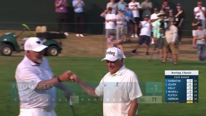 Fred Couples makes birdie putt on No. 18 at Boeing Classic