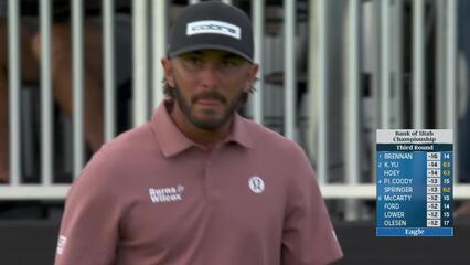 Max Homa sinks a 24-foot eagle putt on No. 18 at the Bank of Utah to finish his round at 5-under.