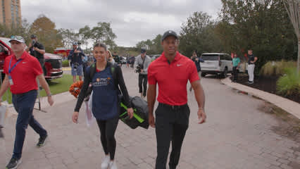 Team Woods and daughter Sam arrive on Sunday at PNC Championship