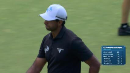 Aaron Rai drains 17-foot putt for birdie on No. 9 at Travelers