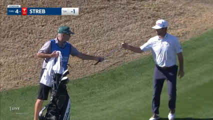 Robert Streb holes his chip shot for birdie at The American Express