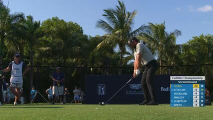 Cameron Young sinks 2-foot putt for birdie on No. 16 at Cadillac