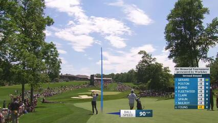 Cameron Young gets up-and-down from 113 yards for birdie on No. 9 at the Memorial