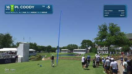 Pierceson Coody holes 28-foot approach for birdie on No. 16 at Charles Schwab