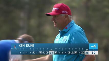 Ken Duke makes his putt for eagle on No. 18 at Trophy Hassan II