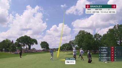 Keegan Bradley gets up-and-down from 148 yards for birdie on No. 10 at the Memorial