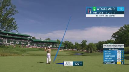Gary Woodland gets up-and-down from 127 yards for birdie on No. 14 at the Memorial