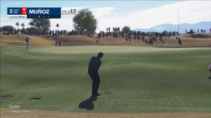 Sebastián Muñoz chips it close to set up birdie at The American Express