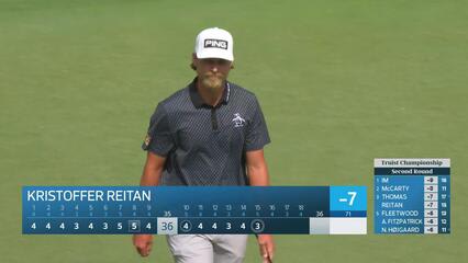 Kristoffer Reitan from off the green nails 85-foot putt for eagle on No. 15 at Truist Championship