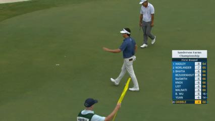 Cody Gribble makes a 12-footer for birdie at Sanderson Farms