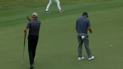 D.J. Trahan's putt for birdie finds the edge of the cup at Sanderson Farms
