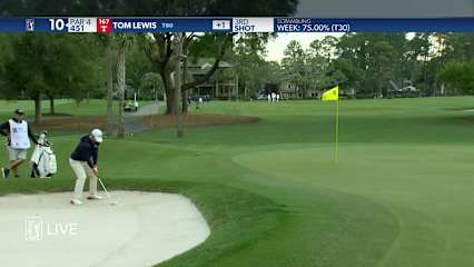 Tom Lewis sinks a 30-foot birdie putt at RBC Heritage