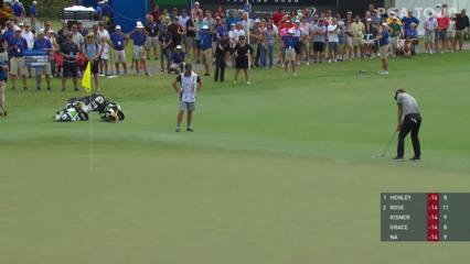 Tyler McCumber sinks birdie putt from off the green at Wyndham