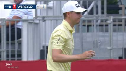 Trevor Werbylo chips out of deep greenside rough leading to birdie at Rocket Mortgage