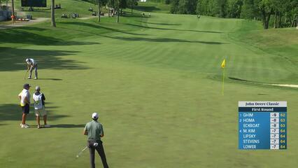 Lucas Glover sinks a 43-foot birdie putt on No. 15 at John Deere