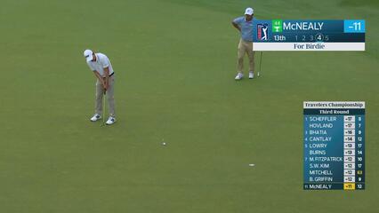 Maverick McNealy sinks 12-foot putt for birdie on No. 13 at Travelers