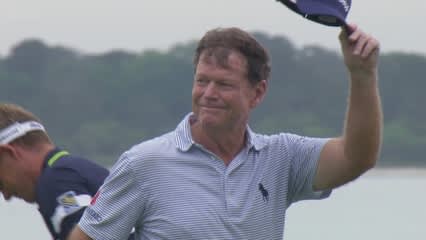 Tom Watson birdies No. 18 to play the weekend at RBC Heritage