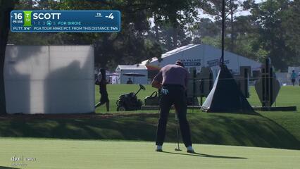 Adam Scott sinks 5-foot birdie putt on No. 16 at Texas Children's