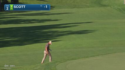 Adam Scott holes 46-foot bunker shot for birdie on No. 2 at the Memorial