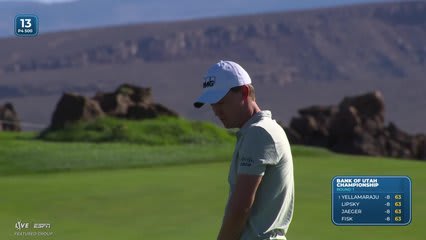 Maverick McNealy holes 41-foot bunker shot for birdie on No. 13 at Bank of Utah