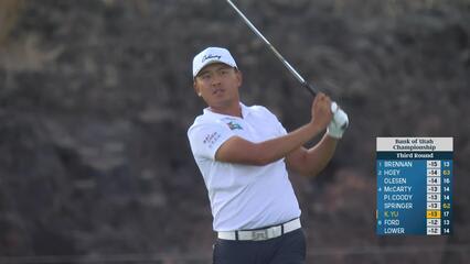 Kevin Yu sinks his birdie putt on No. 18 at the Bank of Utah to post an 8-under 63 heading into Sunday.