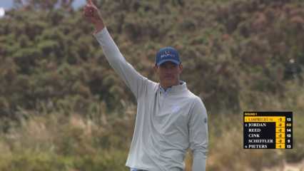Amateur Christo Lamprecht chips in for birdie at The Open