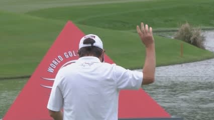 Tim Clark holes lengthy birdie putt on No. 9 at HSBC