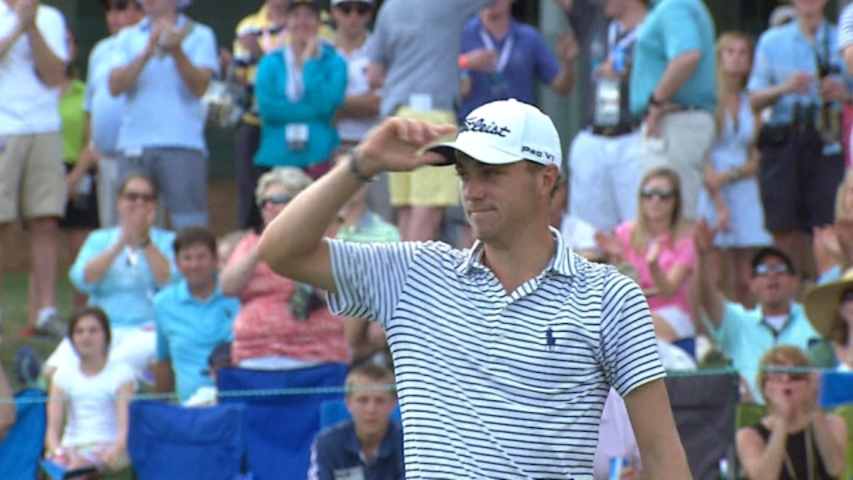 Justin Thomas races in his eagle putt on No. 15 at Wells Fargo