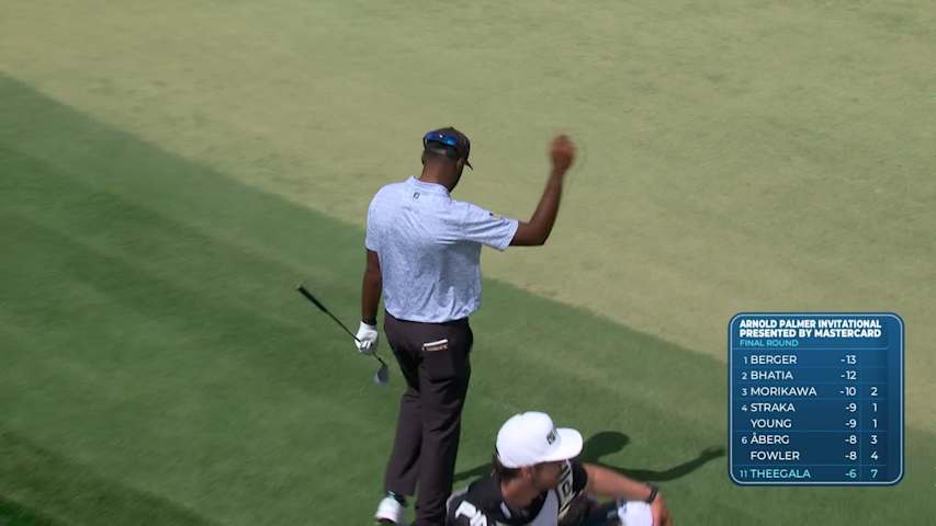 Sahith Theegala sinks 49-foot birdie putt on No. 8 at Arnold Palmer