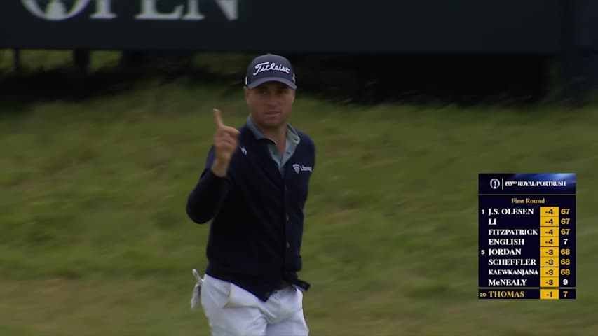 Justin Thomas goes up and in for birdie at The Open