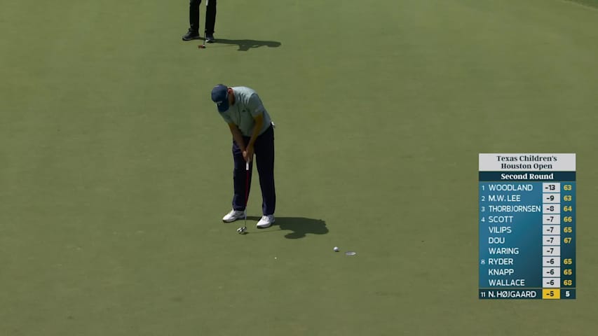 Nicolai Højgaard rolls in 4-foot birdie putt on No. 6 at Texas Children's