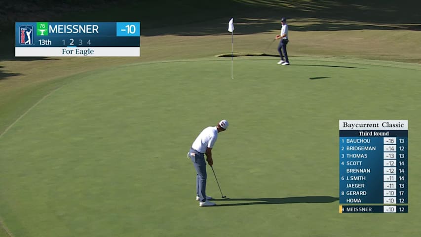 Mac Meissner drains 4-foot putt for birdie on No. 13 at Baycurrent