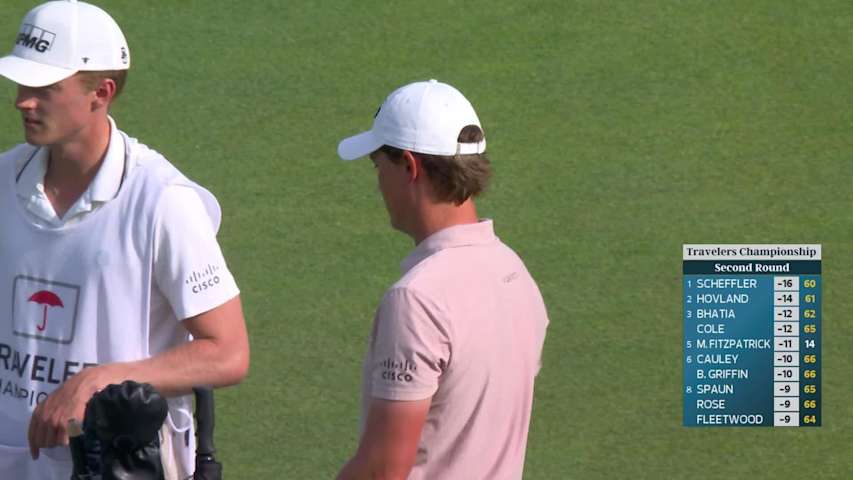 Maverick McNealy gets up-and-down from 168 yards for birdie on No. 17 at Travelers