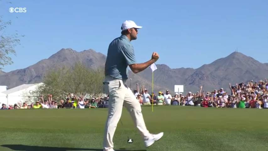 Scottie Scheffler holes out from 72 feet for birdie on No. 14 at WM Phoenix Open
