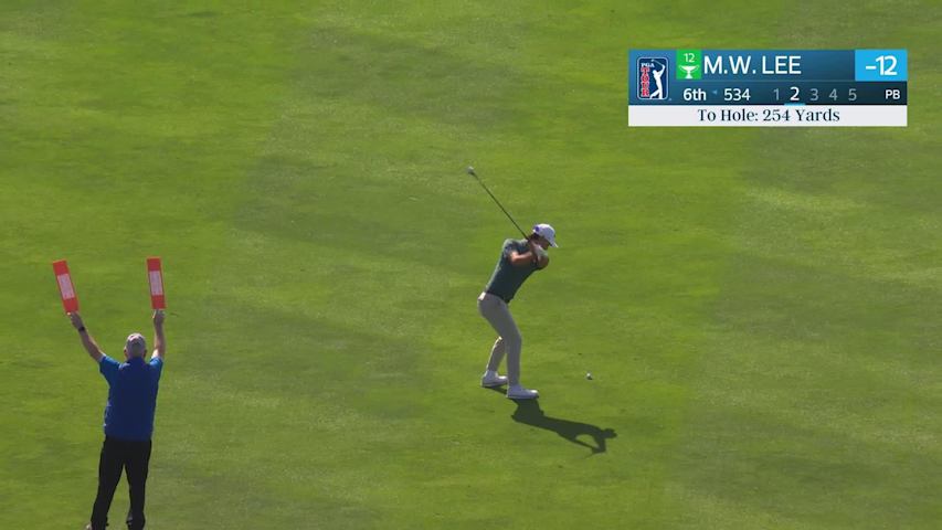 Min Woo Lee taps in from 3 feet for birdie on No. 6 at Pebble Beach